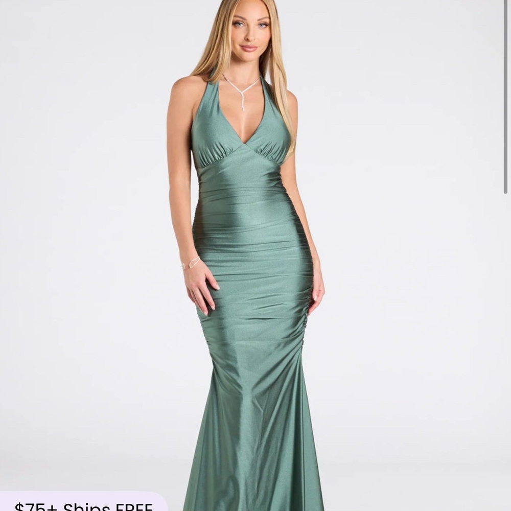 Windsor Green Halter Ruched Gown